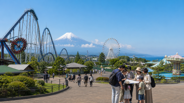 Travelers compare a park map on a safe pedestrian path with a roller coaster, Ferris wheel, Mount Fuji and coastal landscape representing Koshinetsu and Hokuriku park choices