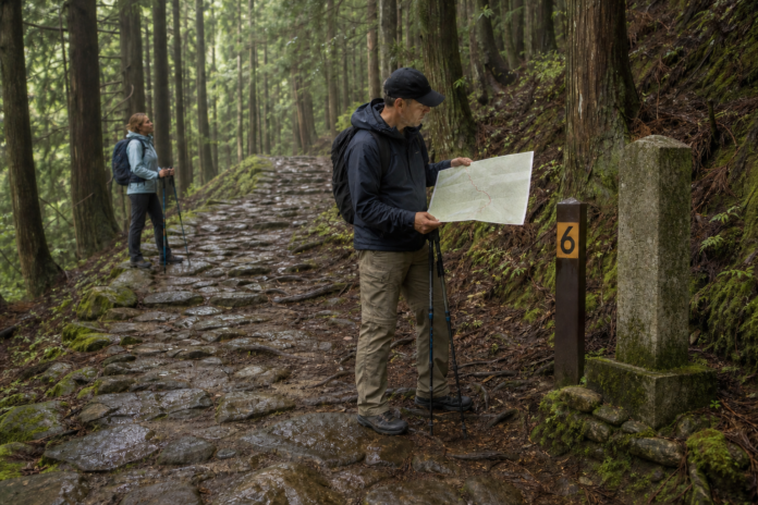 Two adult hikers check an icon-only paper route map beside a numbered waymarker on a wet stone-and-root Kumano Kodo forest trail