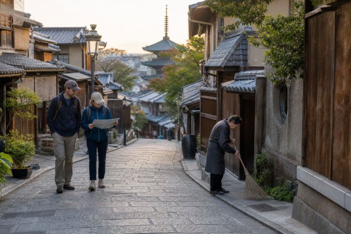 Two international travelers quietly follow a map through a historic Kyoto neighborhood at dawn while a resident sweeps beside her own doorway