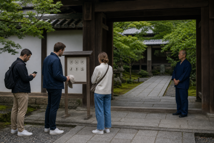 International visitors pause at a quiet Kyoto-style temple gate to read an icon-only rules board, remove a cap and keep the entrance clear while an attendant stands nearby