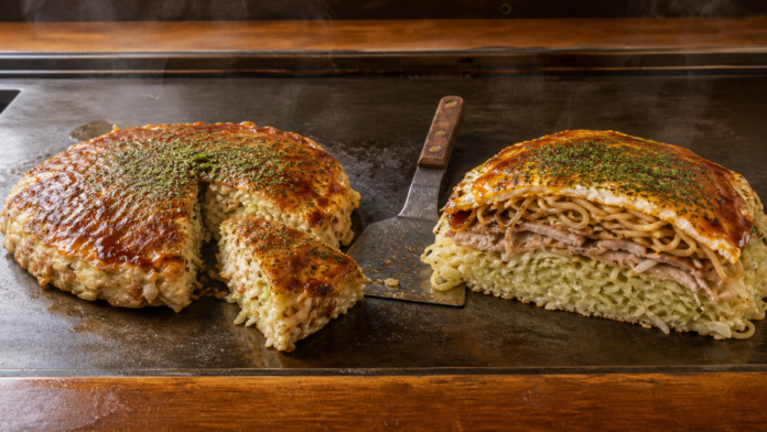 Cutaway comparison of mixed Osaka-style okonomiyaki and layered Hiroshima-style okonomiyaki with noodles