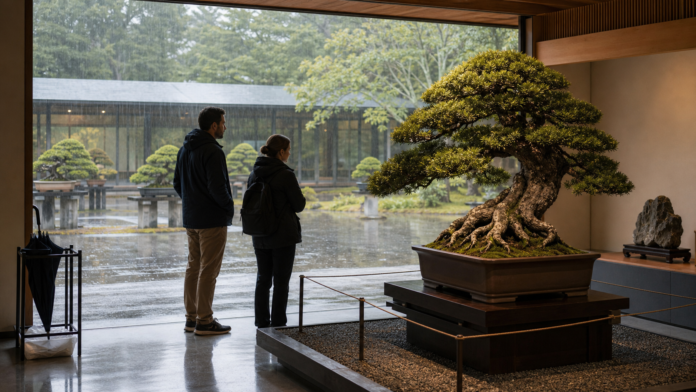 Visitors quietly view a mature bonsai inside the Omiya Bonsai Art Museum while steady rain falls in the garden beyond.