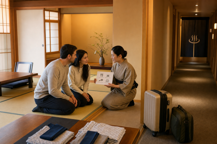 Two international guests listen as a ryokan staff member explains meal, key and bathing times beside a tatami room with yukata prepared and the bath entrance visible down the corridor