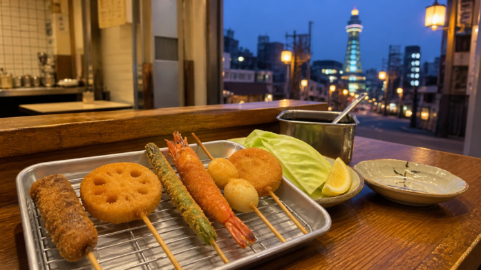 Assorted Osaka kushikatsu with lotus root, asparagus, shrimp, beef and egg beside cabbage and individual sauce, with Tsutenkaku behind