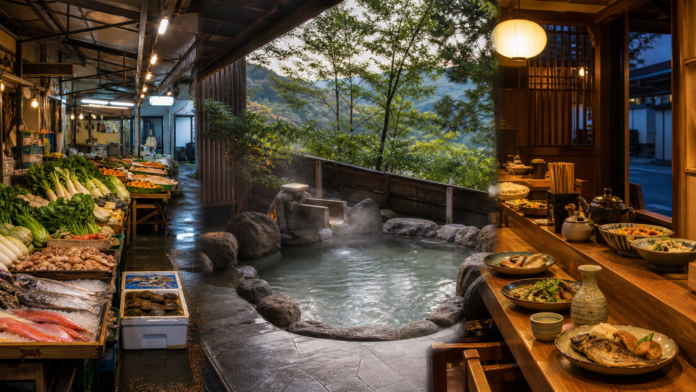 A regional Japanese morning market, empty outdoor onsen and warm evening izakaya shown in one travel panorama