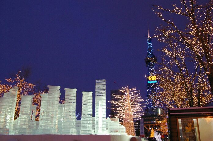 Sapporo Snow Festival illuminated snow sculptures at night, Odori Park, Hokkaido