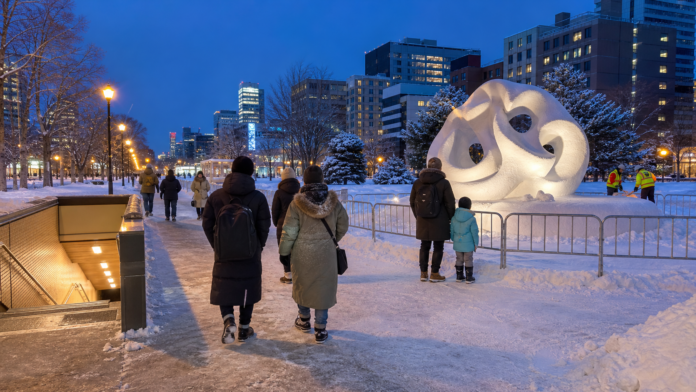 Visitors walk carefully past a community snow sculpture and underground passage entrance in central Sapporo while staff clear snow
