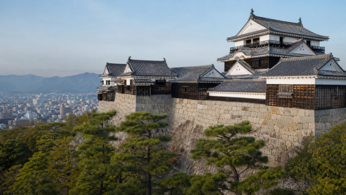 石垣と松に囲まれた松山城天守と松山市街