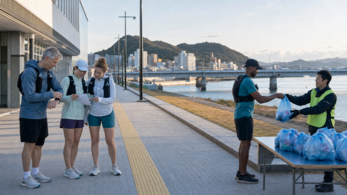 Four international recreational runners check an icon-only course plan and watch while attended baggage is handed to a volunteer beside an unobstructed tactile path, a broad river bridge and low coastal hills in a Shikoku city
