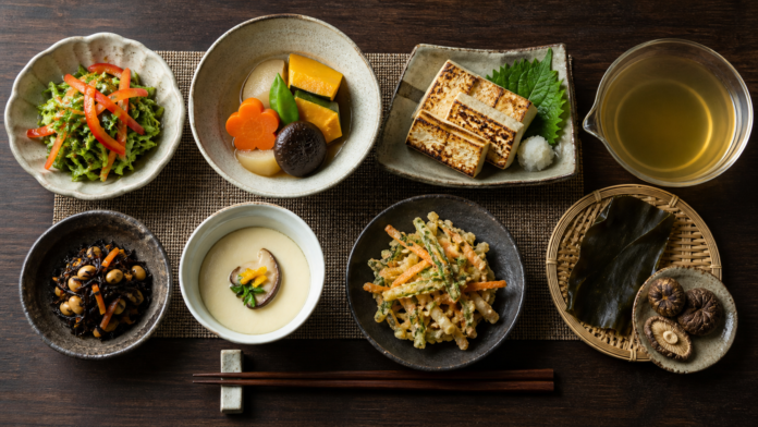 Plant-based shojin dishes showing red, yellow, green, white and black ingredients, varied cooking methods, and kombu with dried shiitake dashi