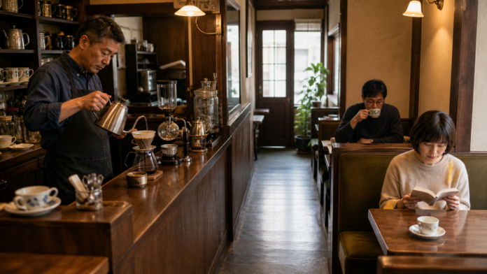 A Japanese neighborhood kissaten owner carefully hand-drips coffee while two customers quietly enjoy the warm wooden interior and a clear aisle