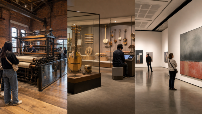 Three museum scenes show a textile-machine demonstration, protected musical instruments with a listening station, and visitors viewing modern art.