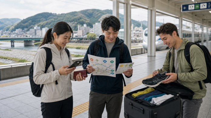 Three recreational runners plan separate Tokai race trips at a Japanese rail station, checking an icon-only map, calendar and packed running shoes beside an unobstructed tactile path, river and wooded hills