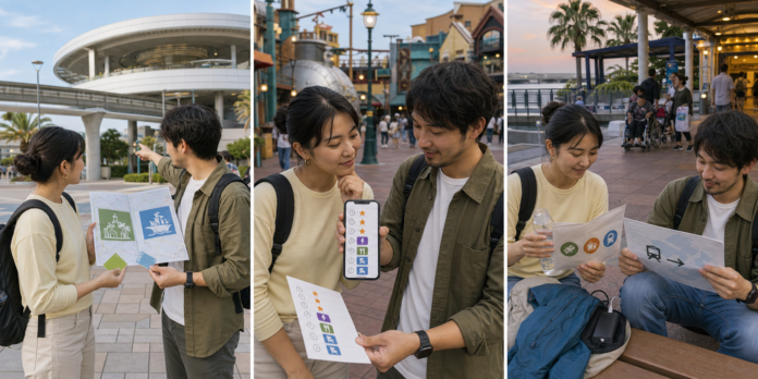 Three-panel Maihama theme-park planning guide showing travelers choosing between classic and maritime park concepts, arranging an icon-only app schedule, and budgeting beside a train-home map