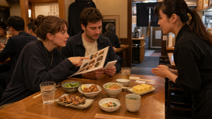Two adult travelers ask a Japanese izakaya staff member about a picture menu while small shared dishes, water and tea sit on the table