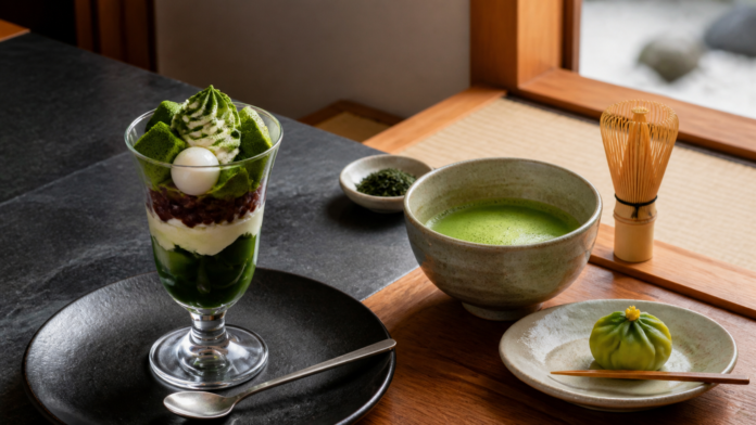 Matcha parfait beside a bowl of whisked matcha and seasonal wagashi in a Japanese tea room