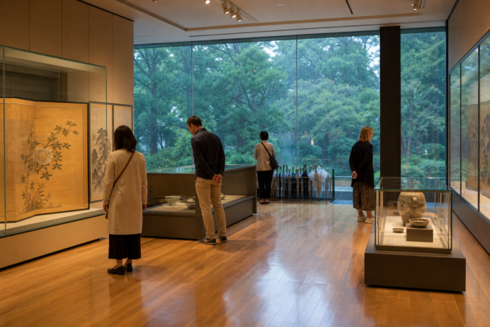 Travelers quietly view Japanese ceramics and screen-style art inside a Ueno museum while rain falls over the park outside.