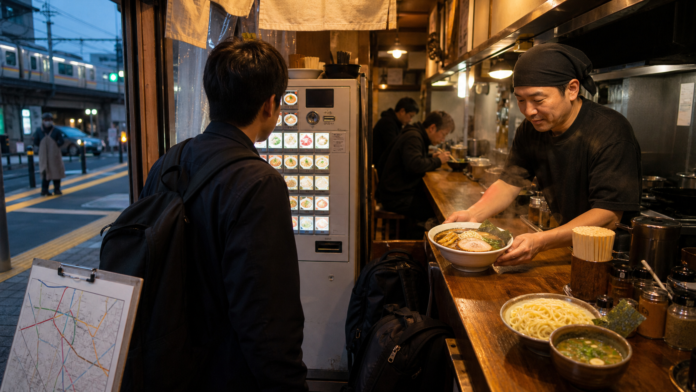 Traveler enters a Tokyo neighborhood ramen shop with a ticket machine as a chef serves shoyu ramen beside tsukemen