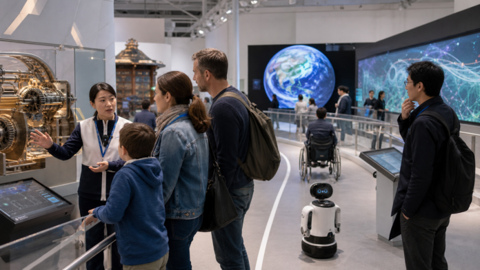 Visitors discuss industrial mechanics and an Earth-system display with a science communicator inside an accessible Tokyo museum