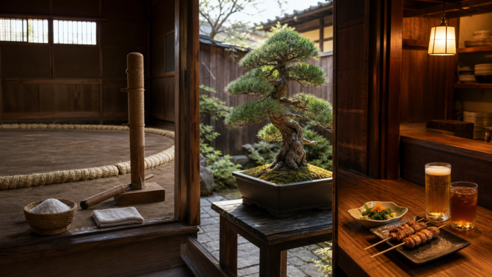 A Tokyo cultural day shown through an empty sumo training dohyo, an aged pine bonsai and an evening izakaya counter