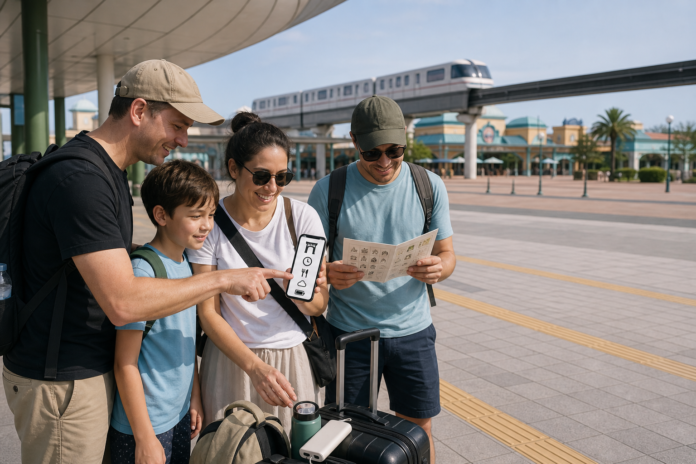 An international family and friend review an icon-only park-day schedule and paper backup beside a Japanese bayside resort monorail station