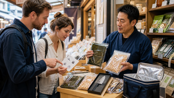 Travelers ask a Japanese Tsukiji specialty vendor about sealed nori, katsuobushi, a boxed kitchen knife and an insulated travel bag
