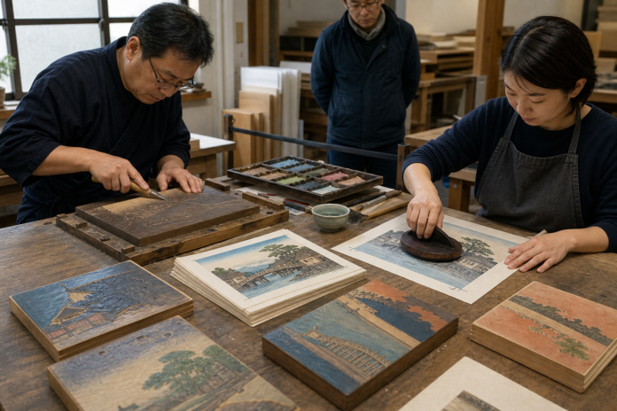 A carver and printer demonstrate traditional ukiyo-e woodblock production with cherry wood blocks, water-based pigments, washi and a baren while a visitor observes from behind a boundary.