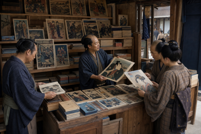 An Edo print publisher shows generic kabuki actor and fashion woodblock prints to townspeople browsing a commercial print-and-book shop.
