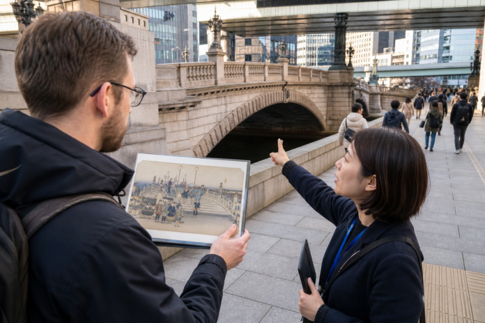 A traveler and local guide safely compare a generic Edo road woodblock print with the modern stone bridge, river and pedestrian route at Nihonbashi.