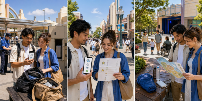Three-panel Osaka theme-park planning guide showing travelers preparing admission QR codes and luggage, checking an icon-only timed-entry plan, and reviewing a map with rest supplies