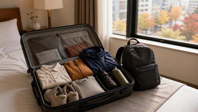 Open suitcase packed with layered clothing and rain gear for autumn travel in Japan
