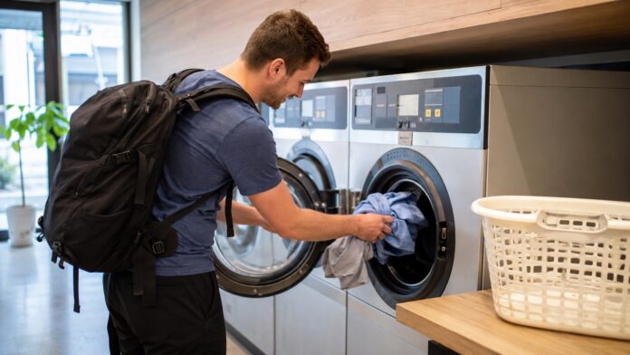 Traveler loading clothes into a modern coin laundry washer-dryer in Japan