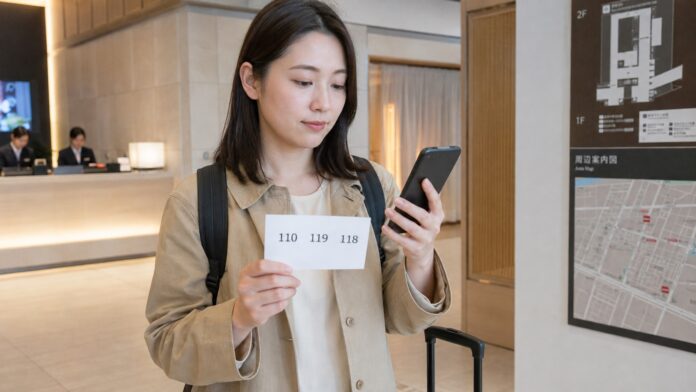 Traveler checking Japan emergency phone numbers 110, 119 and 118