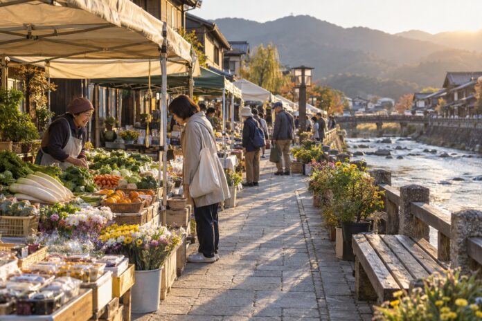 A regional Japanese riverside morning market with vegetable and flower stalls in soft dawn light