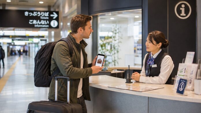 Traveler asking station staff for help with a lost wallet in Japan
