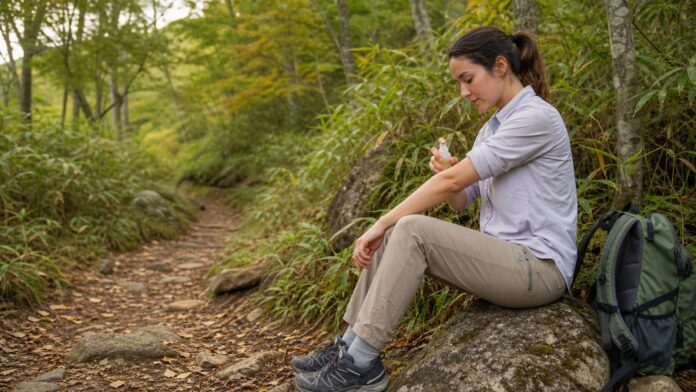 Traveler applying insect repellent before hiking on a Japanese woodland trail