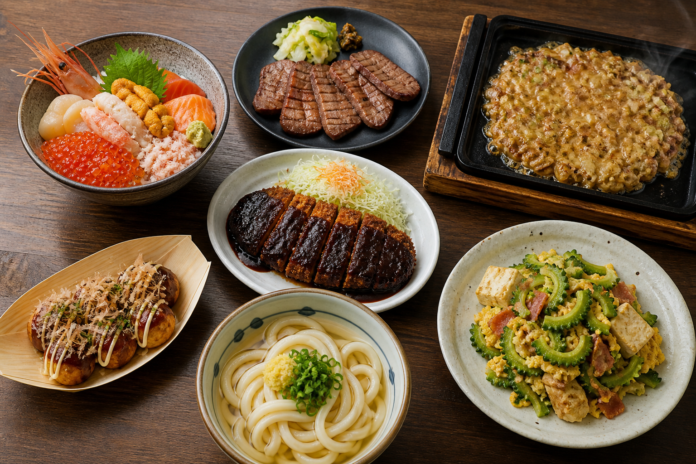 Regional Japanese dishes including seafood rice bowl, beef tongue, monjayaki, miso katsu, takoyaki, Sanuki udon and goya champuru