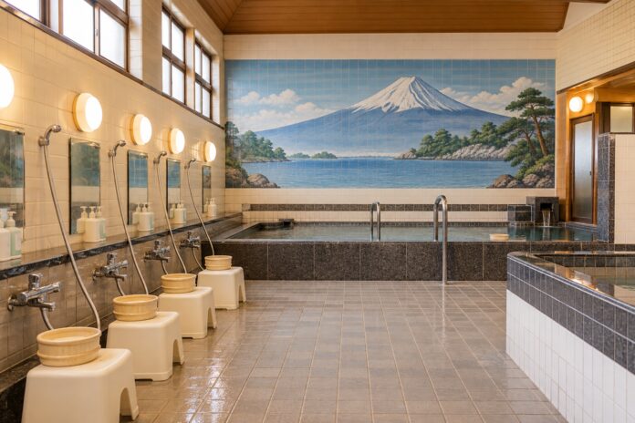 富士山のタイル絵、洗い場、共同浴槽がある日本の地域銭湯の内部