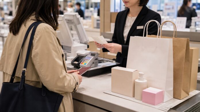 Traveler completing a tax-free shopping purchase at a Japanese department store