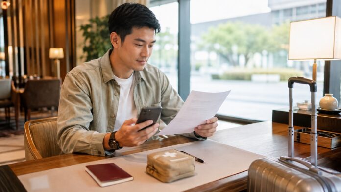 Traveler reviewing travel insurance documents before a Japan trip