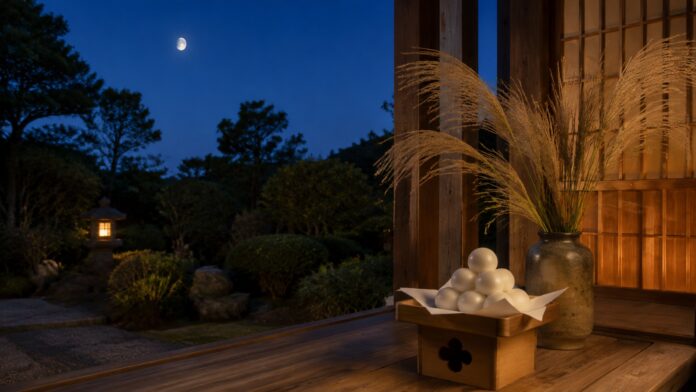 Tsukimi dango and susuki grass on a Japanese veranda beneath the 2026 Mid-Autumn Moon
