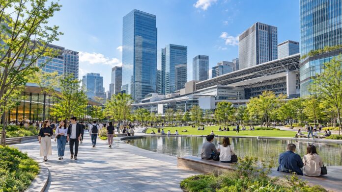 Grand Green Osaka urban park, water features and modern towers beside JR Osaka Station
