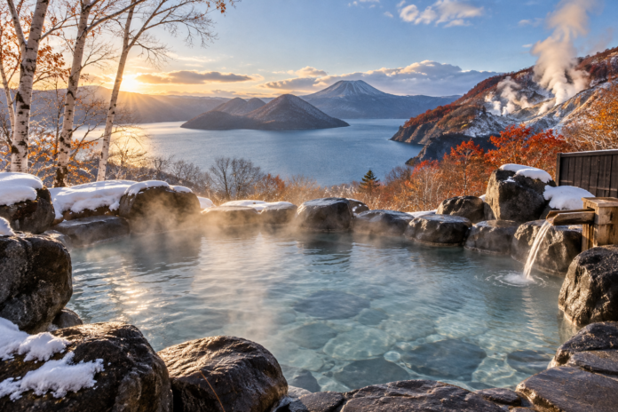 Empty steaming outdoor onsen overlooking a snowy Hokkaido caldera lake and volcanic mountains