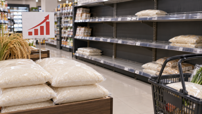 コメ価格の上昇と品薄を表現した日本のスーパーの米売り場